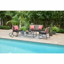 Allen + Roth Ainsley 4-Piece Steel Frame Patio Conversation Set with Niuchen Fabric Cushions - Red and Black -STYLE SELECTIONS Shop 20235174d L
